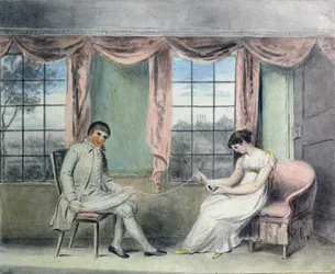 Una donna e il suo corteggiatore che filano il filo